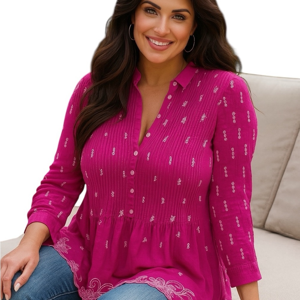 Johnny Was Flower Zoya Pintuck Embroidered Long Sleeve Blouse